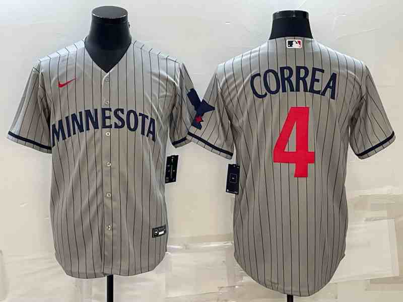 Men's Minnesota Twins #4 Carlos Correa 2023 Gray Home Team Cool Base Stitched Jersey (2)