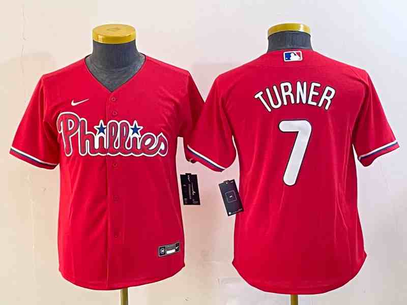 Youth hiladelphia Phillies #7 Trea Turner Red Cool Base Stitched Baseball Jersey