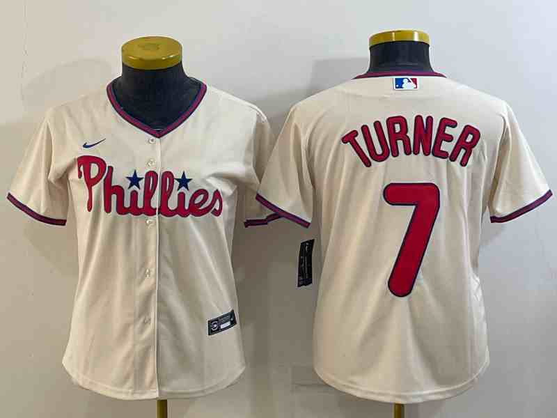 Youth Philadelphia Phillies #7 Trea Turner Cream Cool Base Stitched Baseball Jersey