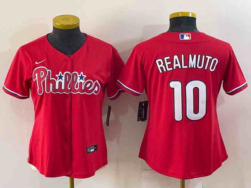 Women's Philadelphia Phillies #10 J.T. Realmuto Red Stitched Baseball Jersey