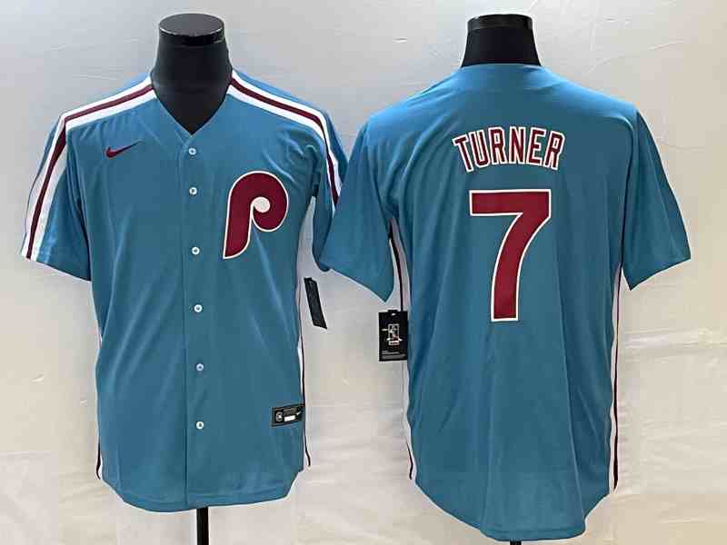 Men's Philadelphia Phillies #7 Trea Turner Blue Cool Base Stitched Jersey