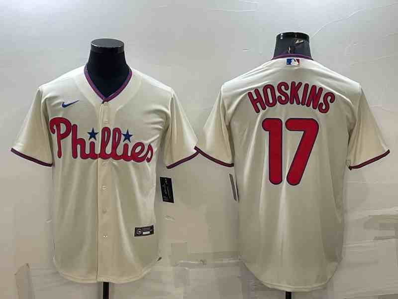 Men's Philadelphia Phillies #17 Rhys Hoskins Cream Cool Base Stitched Baseball Jersey