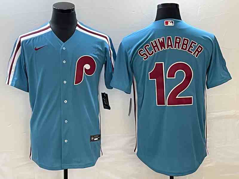 Men's Philadelphia Phillies #12 Kyle Schwarber Blue Cool Base With Patch Stitched Jersey