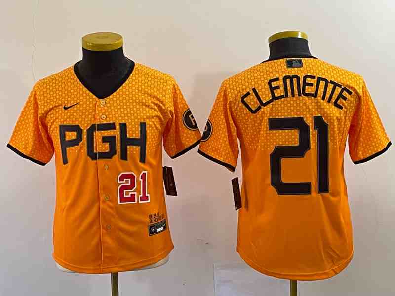 Youth Pittsburgh Pirates #21 Roberto Clemente Number Yellow 2023 City Connect Stitched Jersey1