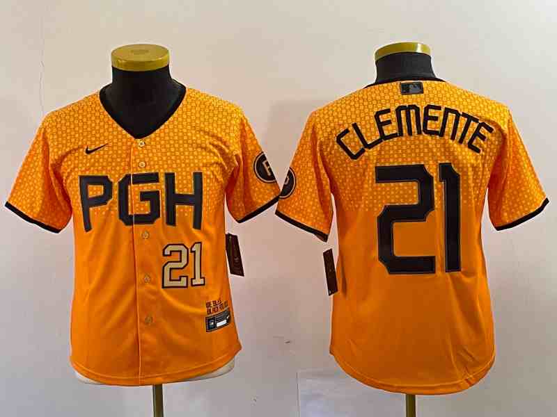 Youth Pittsburgh Pirates #21 Roberto Clemente Number Yellow 2023 City Connect Stitched Jersey2