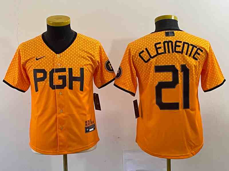 Youth Pittsburgh Pirates #21 Roberto Clemente Number Yellow 2023 City Connect Stitched Jersey