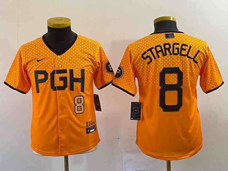 Youth Men's Pittsburgh Pirates #8 Willie Stargell Gold 2023 City Connect Stitched Jersey4