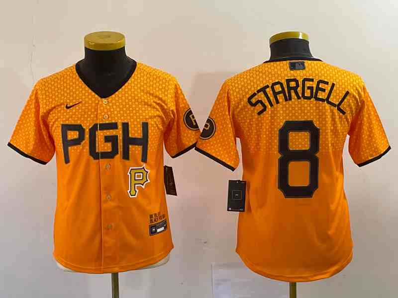Youth Men's Pittsburgh Pirates #8 Willie Stargell Gold 2023 City Connect Stitched Jersey1