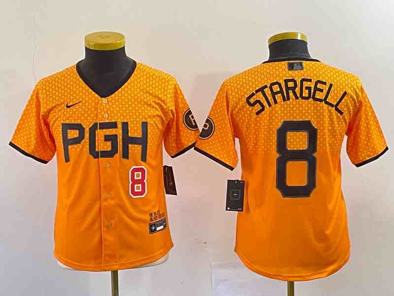 Youth Men's Pittsburgh Pirates #8 Willie Stargell Gold 2023 City Connect Stitched Jersey3