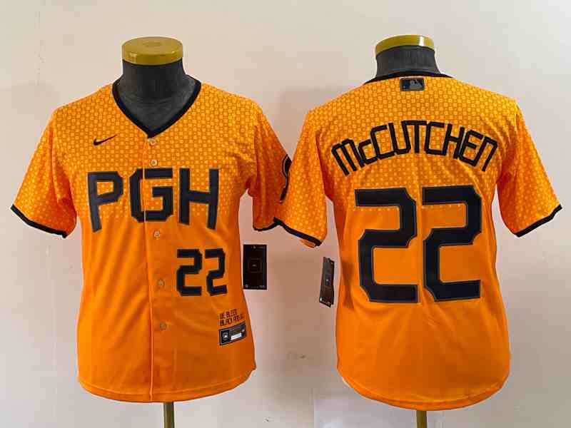 Women's Pittsburgh Pirates #22 Andrew McCutchen Number Gold 2023 City Connect Stitched Jersey 4