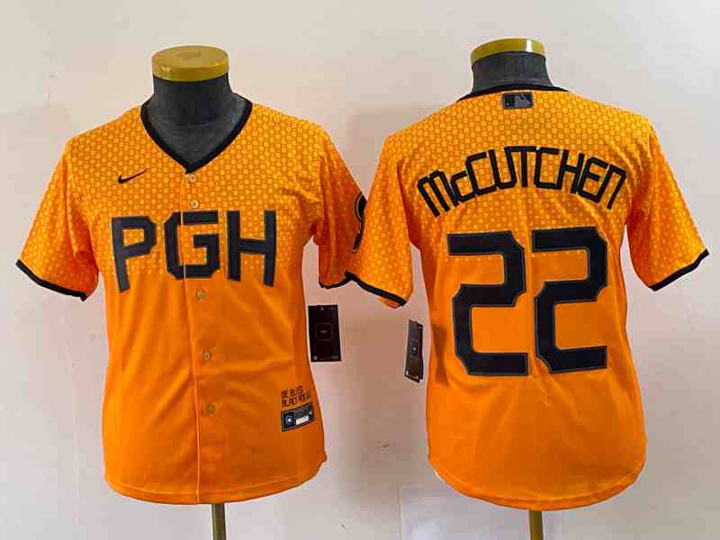 Women's Pittsburgh Pirates #22 Andrew McCutchen Gold 2023 City Connect Stitched Jersey 1