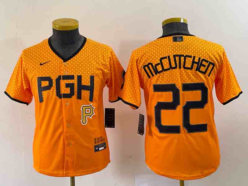 Women's Pittsburgh Pirates #22 Andrew McCutchen Number Gold 2023 City Connect Stitched Jersey 5