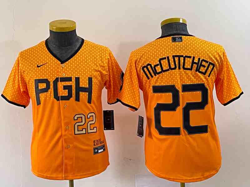 Women's Pittsburgh Pirates #22 Andrew McCutchen Number Gold 2023 City Connect Stitched Jersey 3