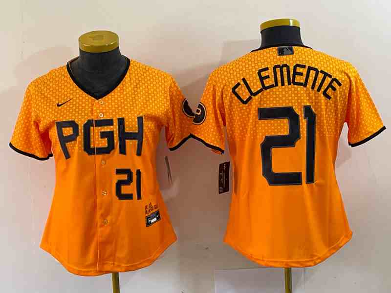 Women's Pittsburgh Pirates #21 Roberto Clemente Yellow 2023 City Connect Stitched Jersey