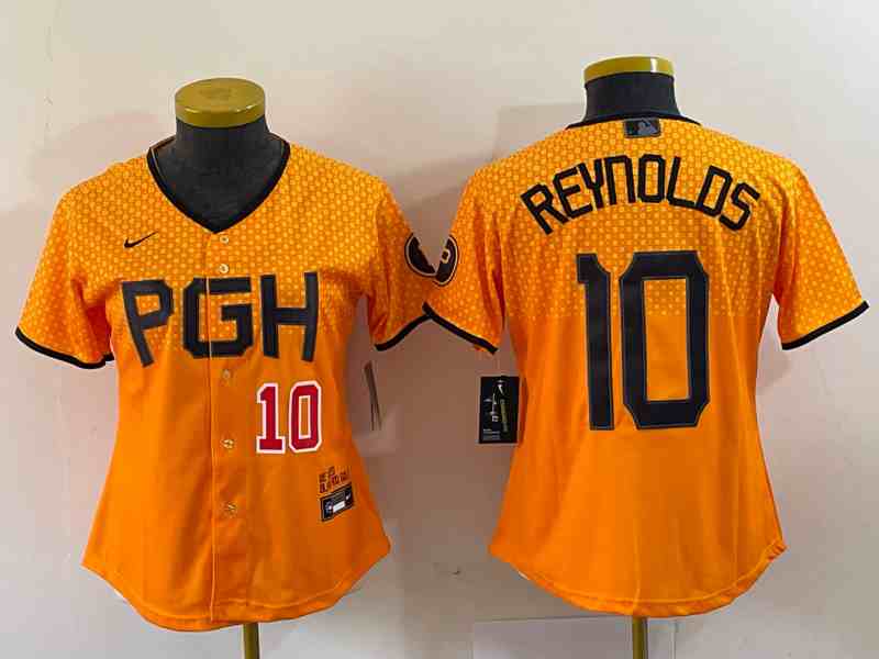 Women's Pittsburgh Pirates #10 Bryan Reynolds Number Yellowd 2023 City Connect Stitched Jersey