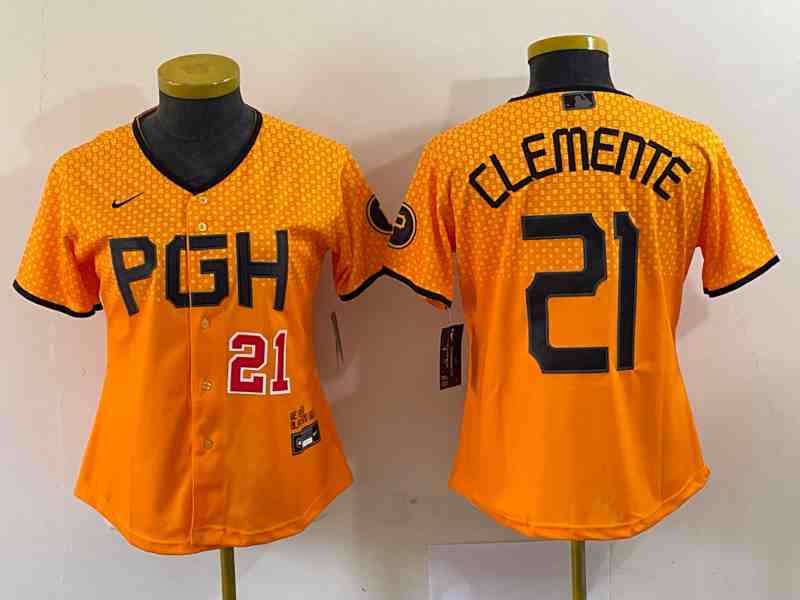 Women's Pittsburgh Pirates #21 Roberto Clemente Number Yellow 2023 City Connect Stitched Jersey1