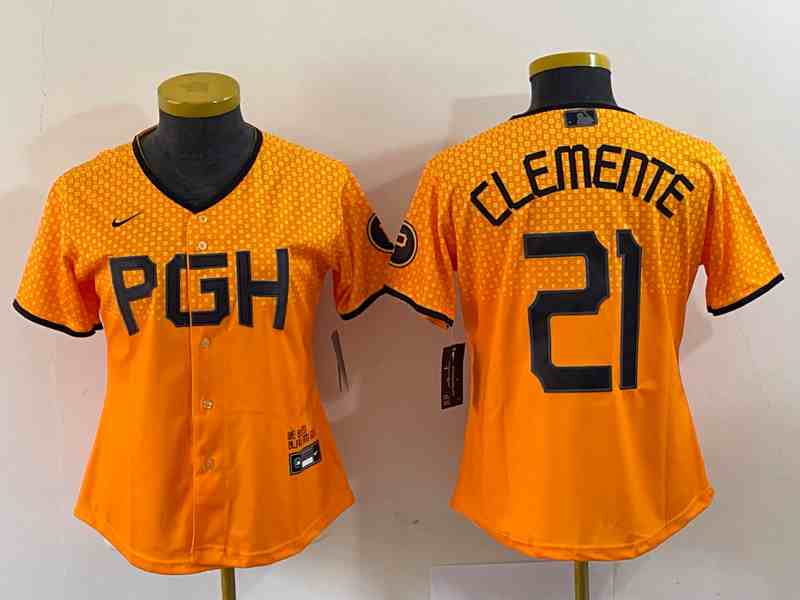 Women's Pittsburgh Pirates #21 Roberto Clemente Number Yellow 2023 City Connect Stitched Jersey
