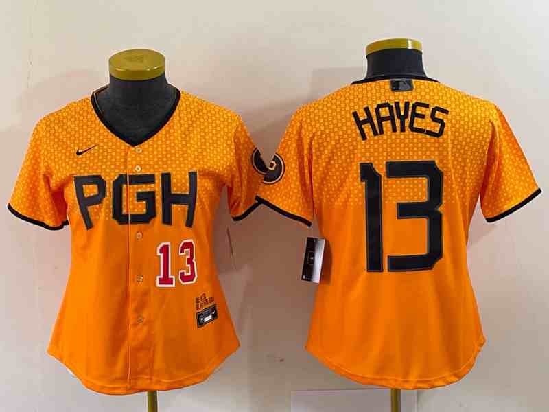 Women's Pittsburgh Pirates #13 KeBryan Hayes Number Yellow 2023 City Connect Stitched Jersey2