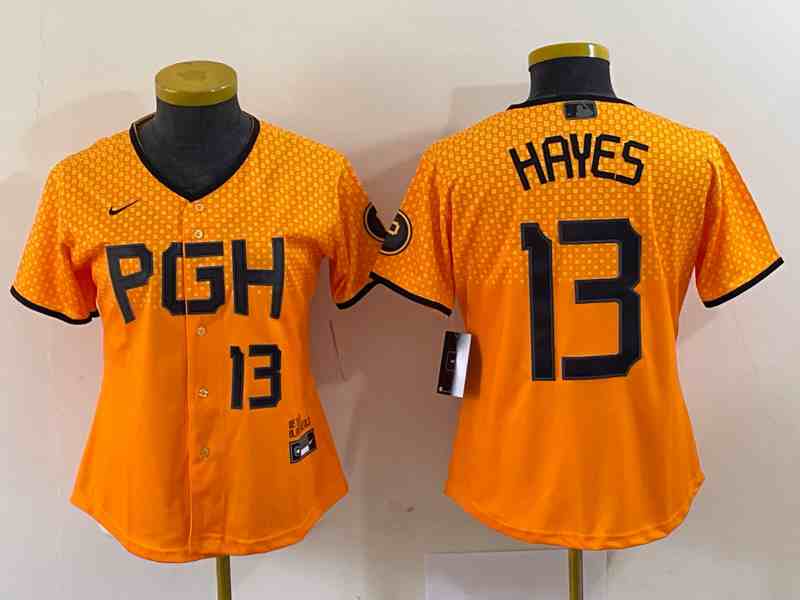Women's Pittsburgh Pirates #13 KeBryan Hayes Number Yellow 2023 City Connect Stitched Jersey1