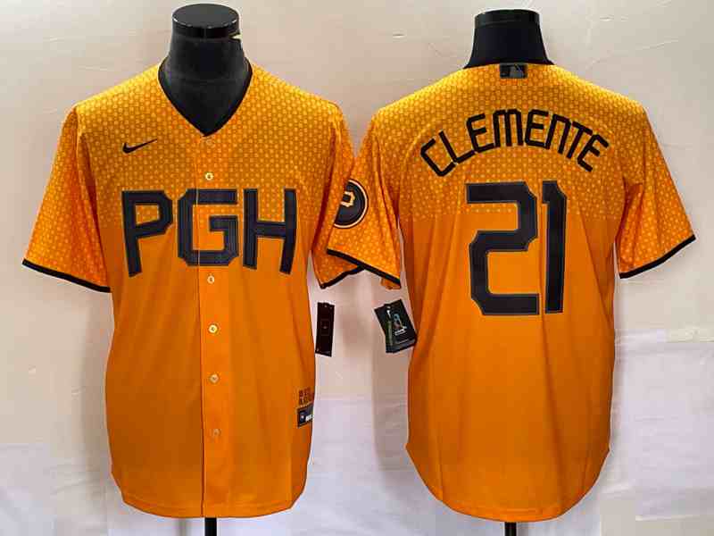 Men's Pittsburgh Pirates #21 Roberto Clemente Number Gold 2023 City Connect Stitched Jersey5