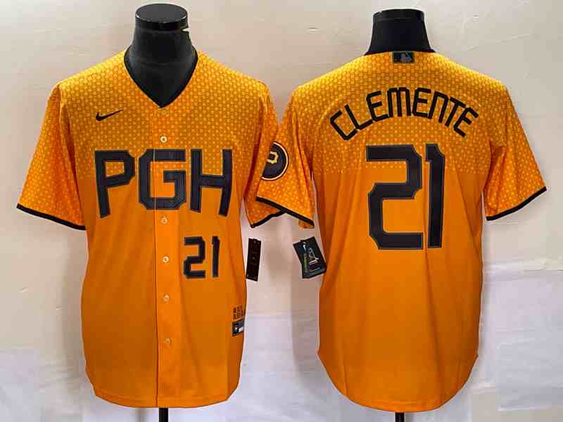 Men's Pittsburgh Pirates #21 Roberto Clemente Number Gold 2023 City Connect Stitched Jersey1