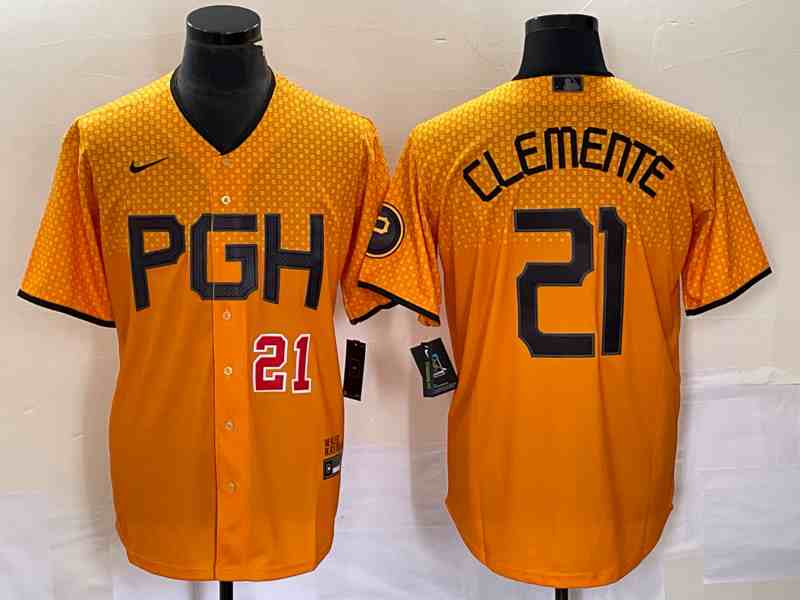 Men's Pittsburgh Pirates #21 Roberto Clemente Number Gold 2023 City Connect Stitched Jersey