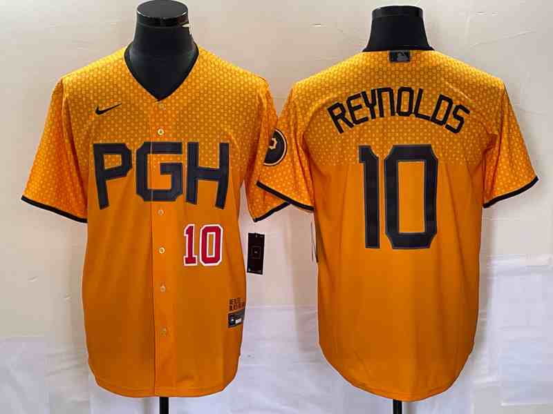 Men's Pittsburgh Pirates #10 Bryan Reynolds Number Gold 2023 City Connect Stitched Jersey