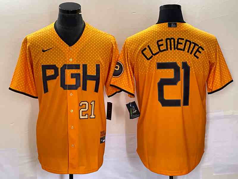 Men's Pittsburgh Pirates #21 Roberto Clemente Number Gold 2023 City Connect Stitched Jersey2