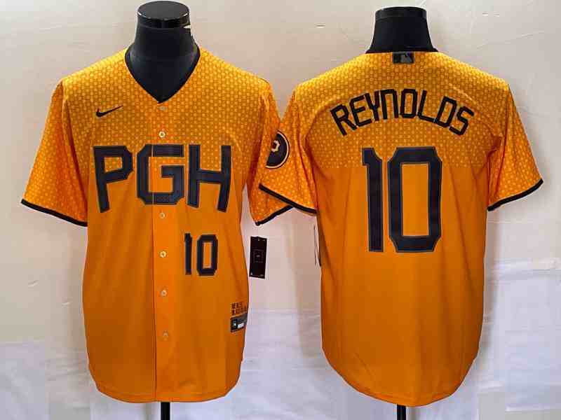 Men's Pittsburgh Pirates #10 Bryan Reynolds Number Gold 2023 City Connect Stitched Jersey1