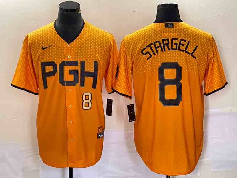 Men's Pittsburgh Pirates #8 Willie Stargell Number Gold 2023 City Connect Stitched Jersey 2