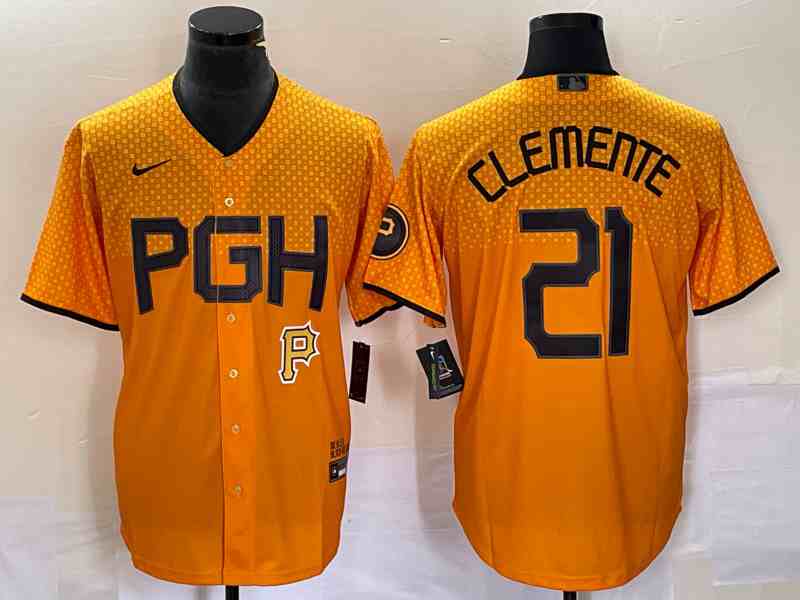 Men's Pittsburgh Pirates #21 Roberto Clemente Gold 2023 City Connect Stitched Jersey 1