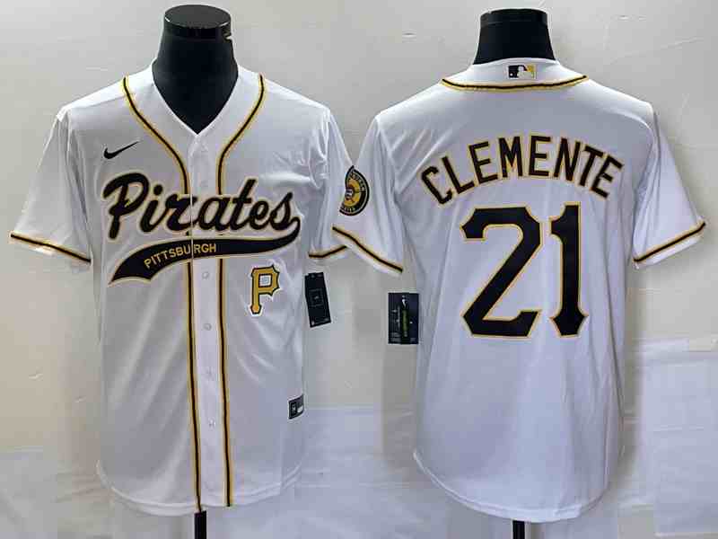Men's Pittsburgh Pirates #21 Roberto Clemente Number White Cool Base Stitched Baseball Jersey