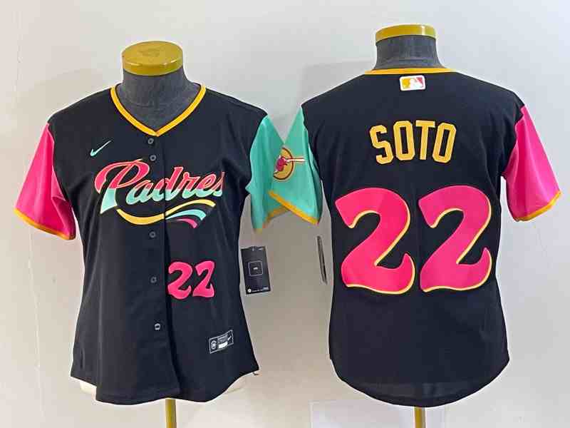 Women's San Diego Padres #22 Juan Soto Number Black 2022 City Connect Cool Base Stitched Jersey