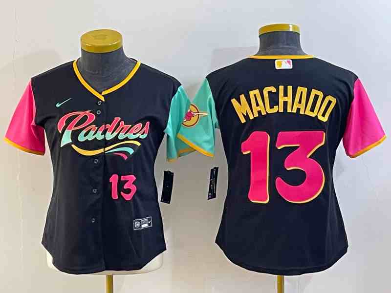 Women's San Diego Padres #13 Manny Machado Black Number 2022 City Connect Cool Base Stitched Jersey