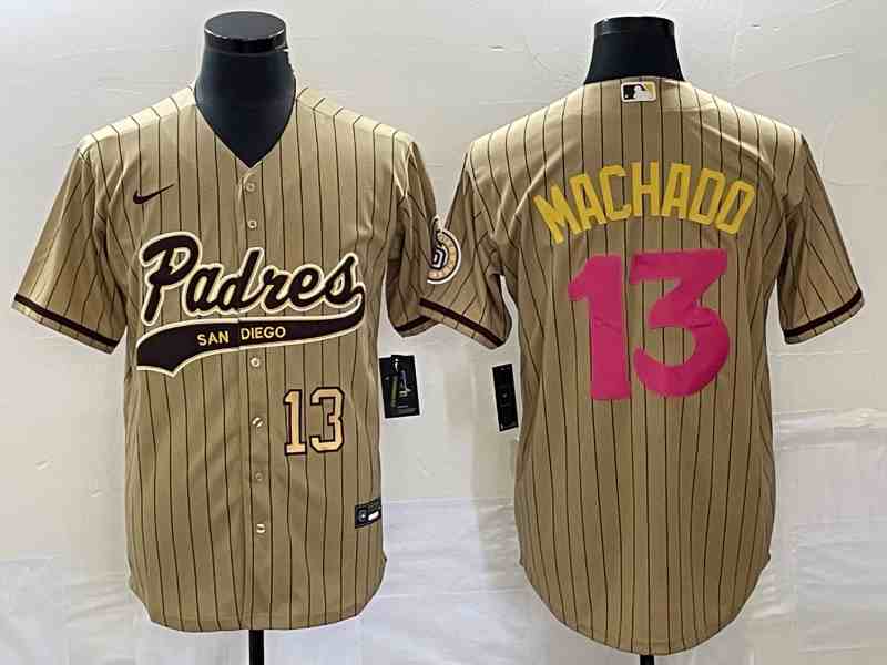 Men's San Diego Padres #13 Manny Machado Number Tan Pinstripe 2023 City Connect Cool Base Stitched Jersey