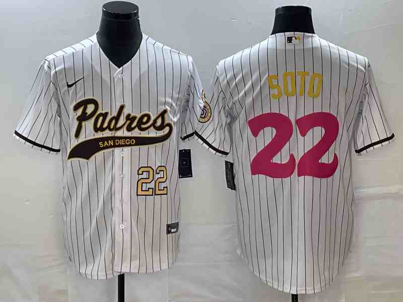 Men's San Diego Padres #22 Juan Soto Number White Pinstripe 2023 City Connect Cool Base Stitched Jersey