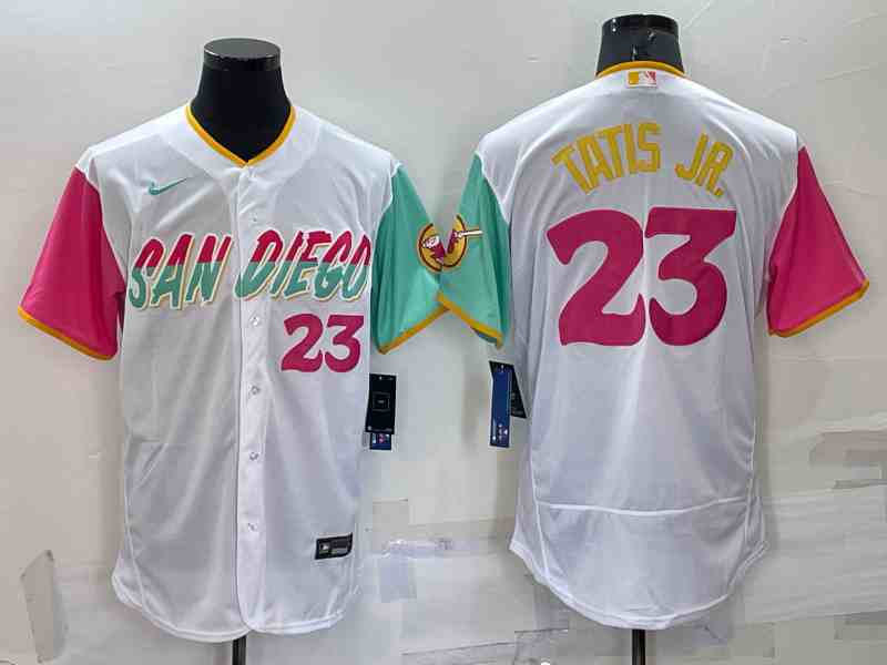 Men's San Diego Padres #23 Fernando Tatis Jr White Number 2022 City Connect Cool Base Stitched Jersey (2)