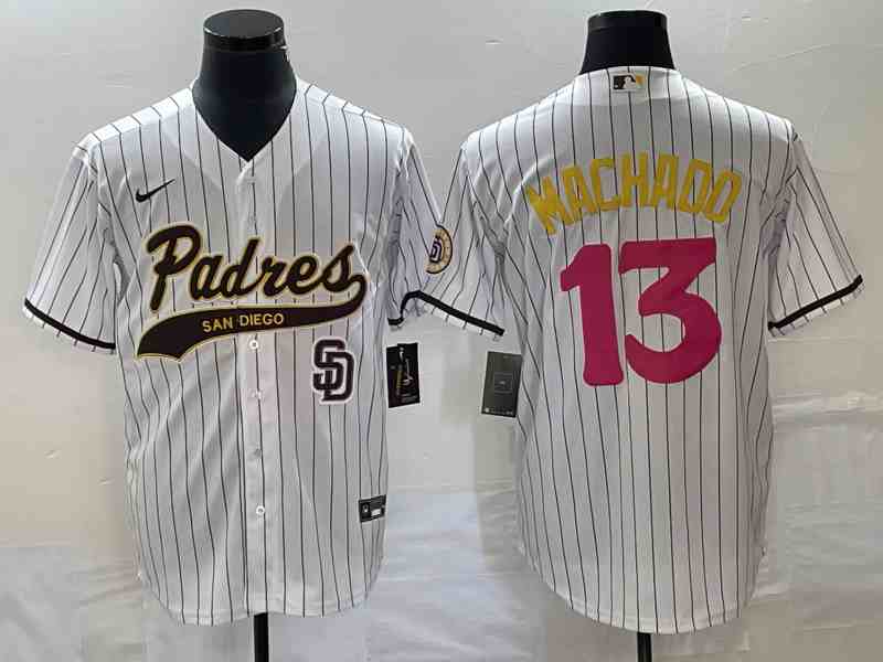 Men's San Diego Padres #13 Manny Machado White Pinstripe 2023 City Connect Cool Base Stitched Jersey 1