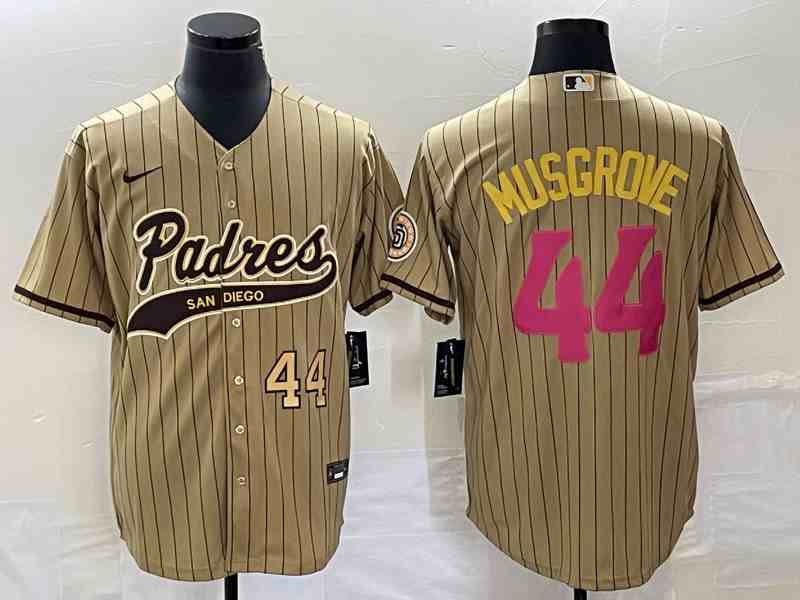 Men's San Diego Padres #44 Joe Musgrove Number Tan Pinstripe 2023 City Connect Cool Base Stitched Jersey