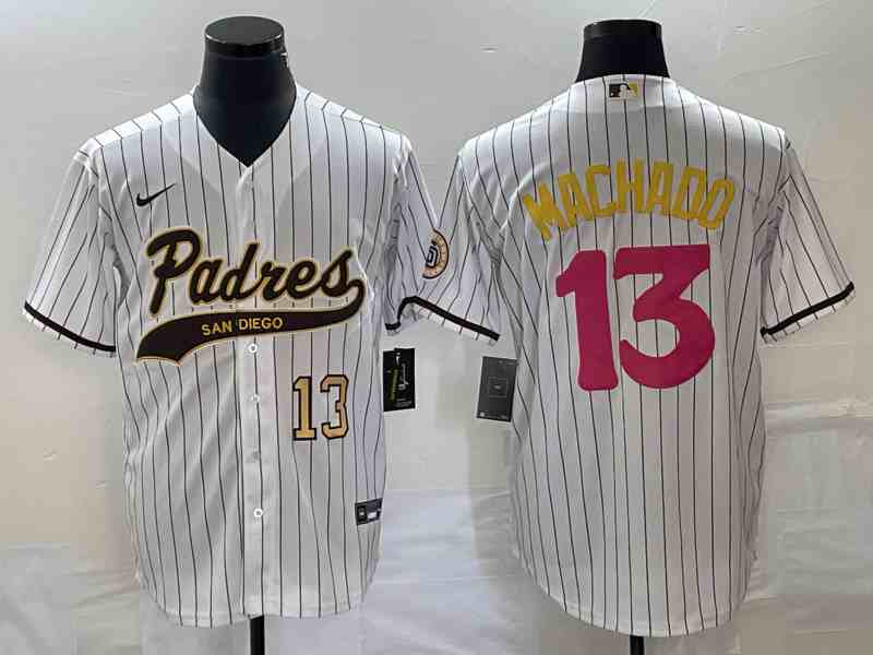 Men's San Diego Padres #13 Manny Machado Number White Pinstripe 2023 City Connect Cool Base Stitched Jersey