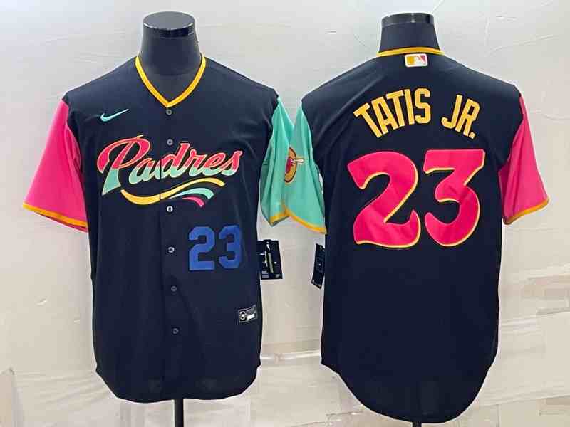 Men's San Diego Padres #23 Fernando Tatis Jr Number Black 2022 City Connect Cool Base Stitched Jersey1