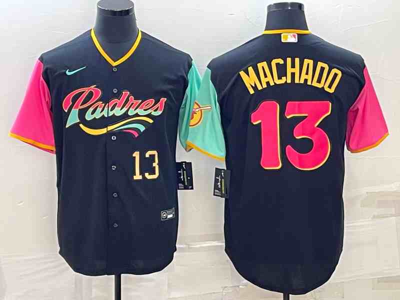 Men's San Diego Padres #13 Manny Machado Number Black NEW 2023 City Connect Cool Base Stitched Jersey1