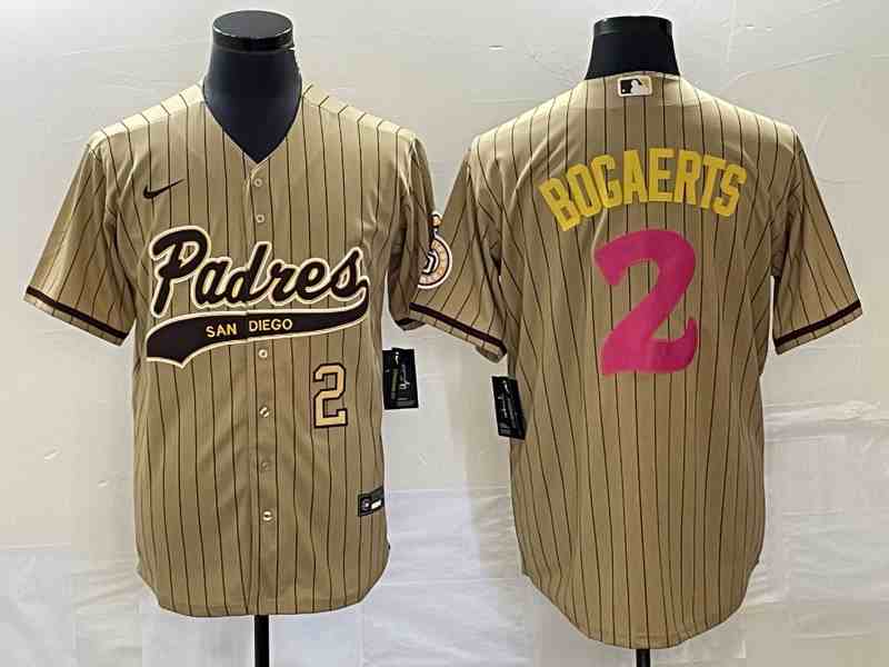 Men's San Diego Padres #2 Xander Bogaerts Number Tan Pinstripe 2023 City Connect Cool Base Stitched Jersey