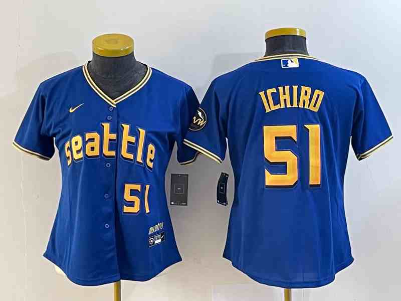 Women's Seattle Mariners #51 Ichiro Suzuki Number Blue 2023 City Connect Flex Base Stitched Jersey 1
