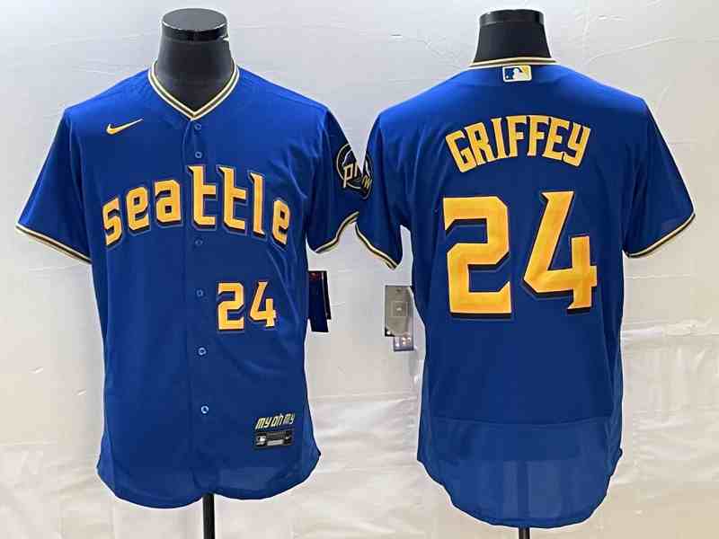 Men's Seattle Mariners #24 Ken Griffey Number Blue 2023 City Connect Flex Base Stitched Jersey 1