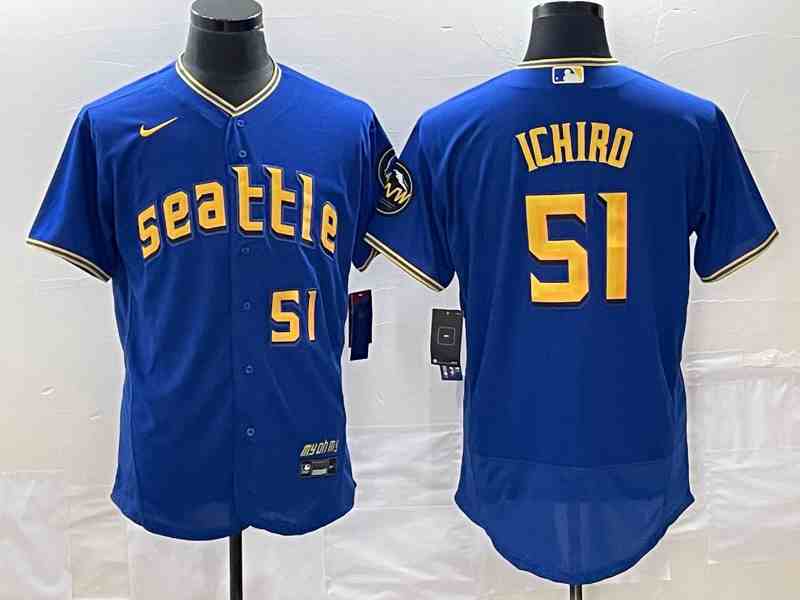 Men's Seattle Mariners #51 Ichiro Suzuki Number Blue 2023 City Connect Flex Base Stitched Jersey 1