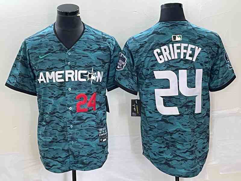 Men's Seattle Mariners #24 Ken Griffey Number Teal 2023 All Star Cool Base Stitched Jersey1