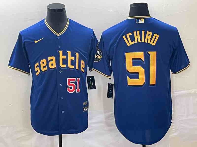 Men's Seattle Mariners #51 Ichiro Suzuki Number Blue 2023 City Connect Cool Base Stitched Jersey1