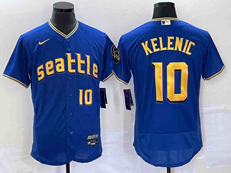 Men's Seattle Mariners #10 Jarred Kelenic Number Blue 2023 City Connect Flex Base Stitched Jersey 1