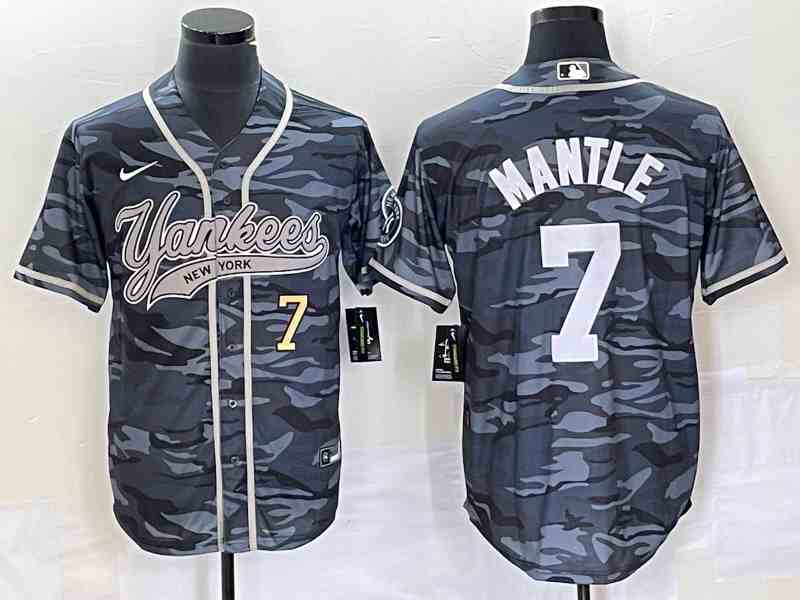 Men's New York Yankees #7 Mickey Mantle Number Grey Camo Cool Base With Patch Stitched Baseball Jersey